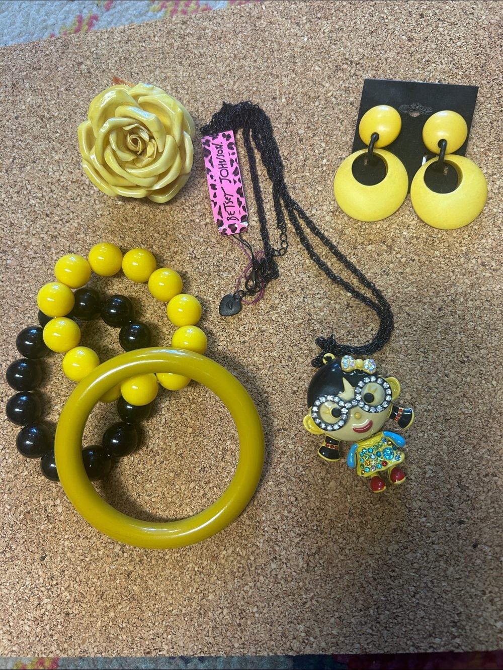 Betsey Johnson Yellow & Black Jewelry Set with Character Necklace